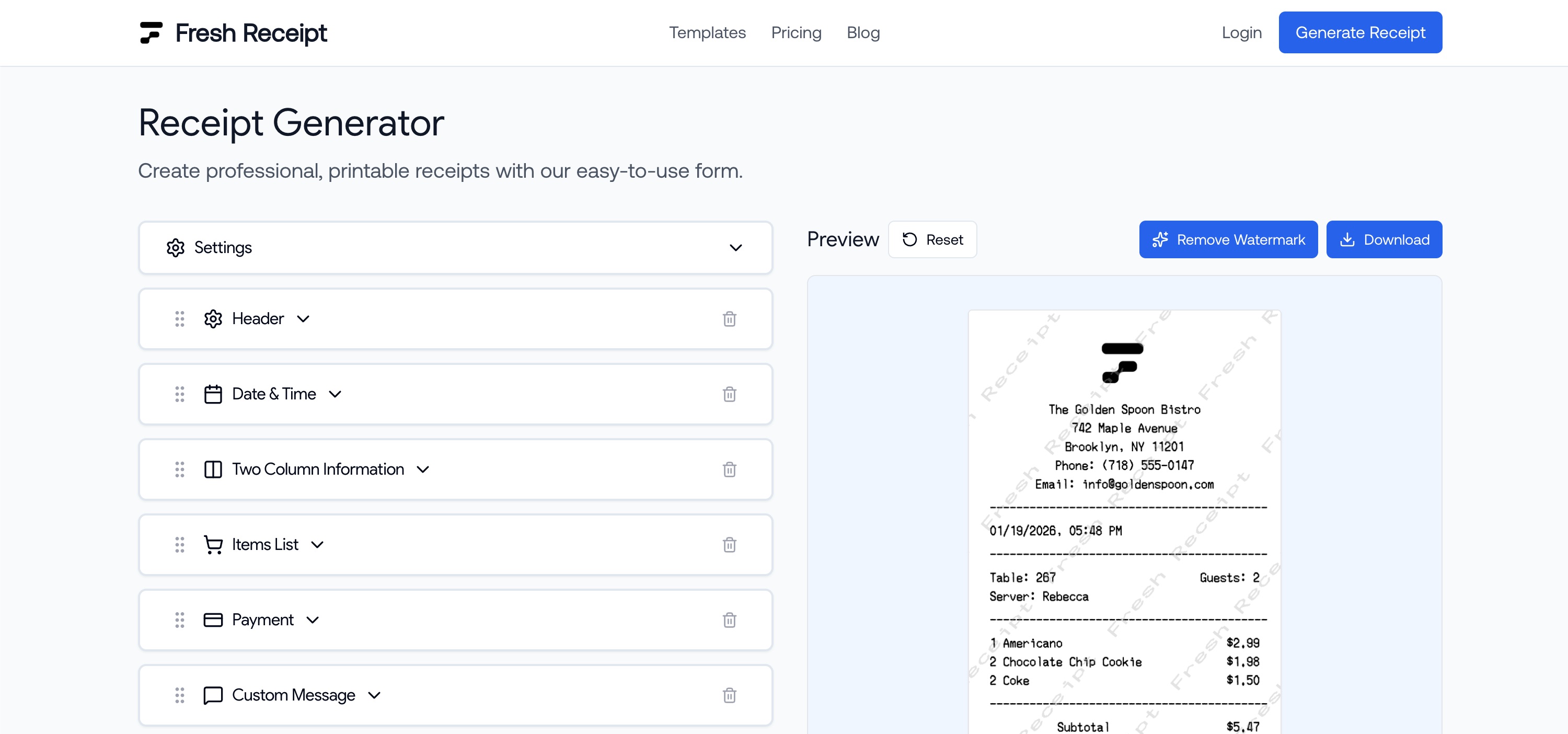 Fresh Receipt Generator Preview